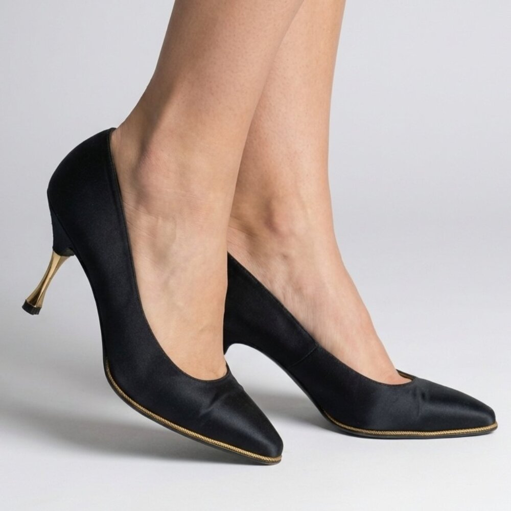 Black Satin Pointed-Toe Pumps with Gold Heel